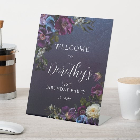 21e verjaardag Moody Purple Flowers Custom Welkom Reclamebord Met Voetstuk (Insitu)