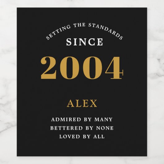 21e verjaardag naam 2004 zwart goud elegante Chic Wijn Etiket (Enkel label)