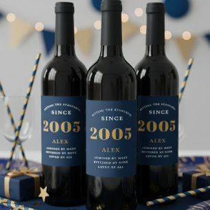21e Verjaardag Naam 2005 Blauw Goud Elegant Chic Wijn Etiket