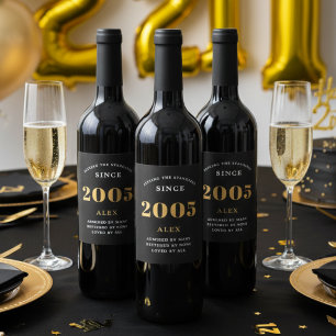 21e Verjaardag Naam 2005 Zwart Goud Elegant Chic Wijn Etiket