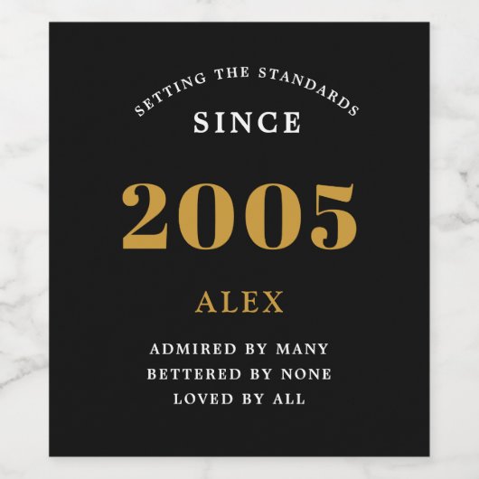21e Verjaardag Naam 2005 Zwart Goud Elegant Chic Wijn Etiket (Enkel label)