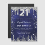 21e verjaardag navy blauw zilver glitter luxe magnetische uitnodiging (Voorkant / Achterkant)