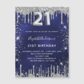 21e verjaardag navy blauw zilver glitter luxe magnetische uitnodiging (Voorkant)
