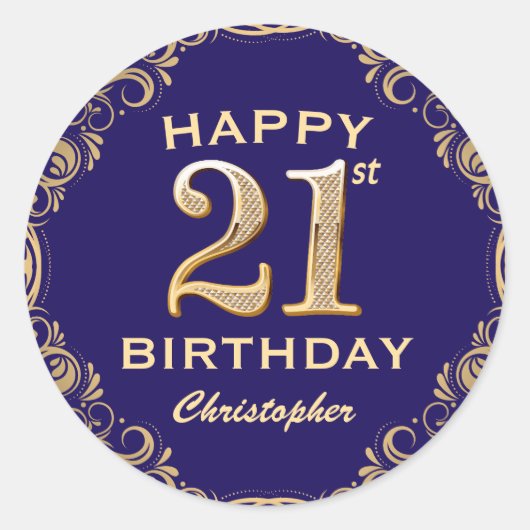 21e verjaardag Navy Blue en Gold Glitter Ronde Sticker (Voorkant)