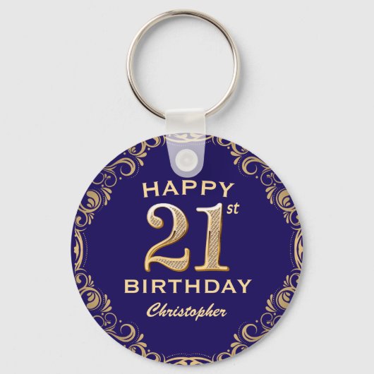 21e verjaardag Navy Blue en Gold Glitter Sleutelhanger (Voorkant)