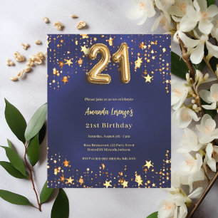21e verjaardag Navy Blue Gold Stars uitnodiging