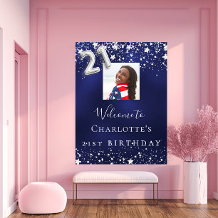 21e verjaardag Navy Blue Silver Stars Foto welkom Poster