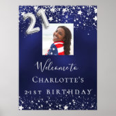 21e verjaardag Navy Blue Silver Stars Foto welkom Poster (Voorkant)