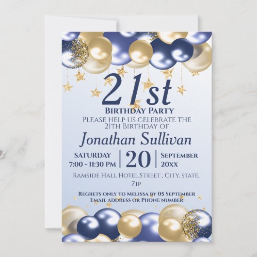 21e verjaardag Navy Gold Balloons Party Kaart (Voorkant)