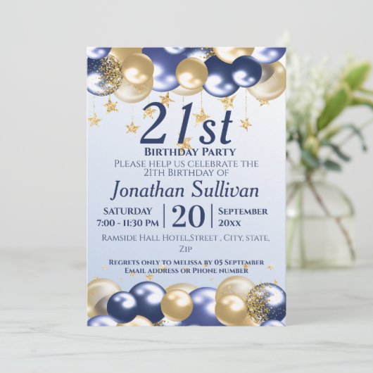 21e verjaardag Navy Gold Balloons Party Kaart (Staand voorkant)