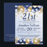 21e verjaardag Navy Gold Balloons Party Kaart<br><div class="desc">Een stijlvolle 21e verjaardag Uitnodiging. Het ontwerp is voorzien van marineblauwe en gouden ballonnen,  Gouden glittersterren en marineblauwe tekst allemaal op een bleke achtergrond met een gradiënt. Een prachtig ontwerp dat je gasten uitnodigt om mee te doen voor een 21e verjaardagsfeest. Eenvoudig aan te passen met uw eigen feestdetails.</div>