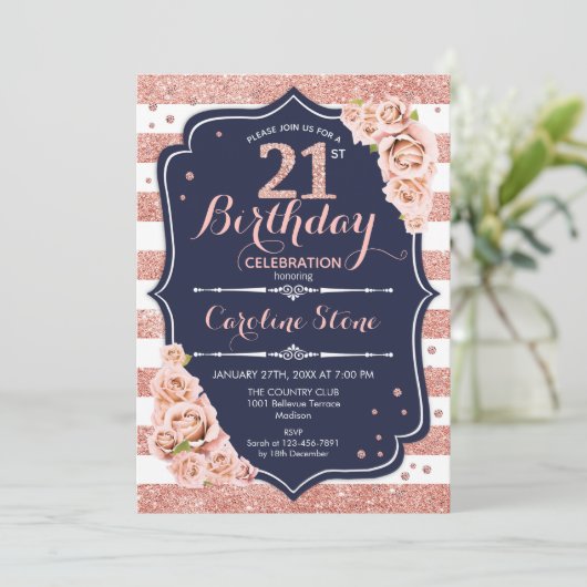 21e Verjaardag - Navy Roos Goud en witte strepen Kaart (Staand voorkant)