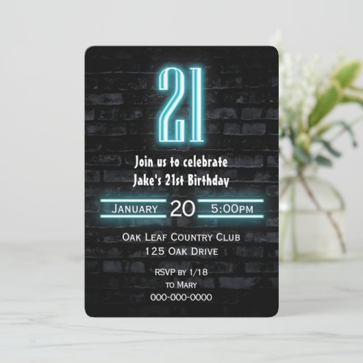 21e verjaardag Neon Sign op Brick Kaart (Staand voorkant)