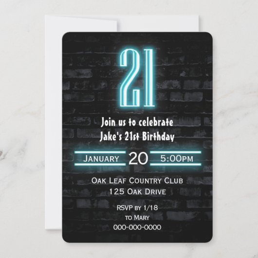 21e verjaardag Neon Sign op Brick Kaart (Voorkant)