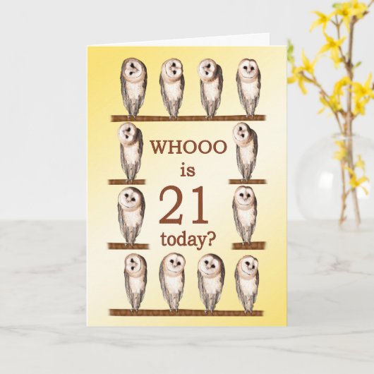 21e verjaardag, nieuwsgierige uilen kaart (Gele Bloem)