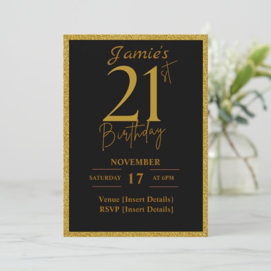 21e verjaardag Nodig Black en Glitter Gold uit Kaart (Staand voorkant)