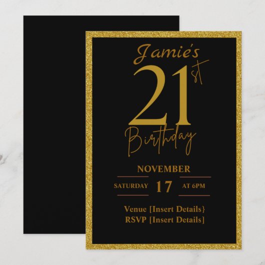 21e verjaardag Nodig Black en Glitter Gold uit Kaart (Voorkant / Achterkant)