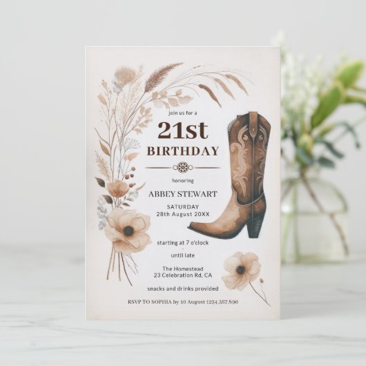 21e verjaardag Nodig Cowgirl uit Kaart (Staand voorkant)