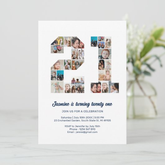 21e verjaardag nummer 21 aangepaste fotocollage kaart (Staand voorkant)