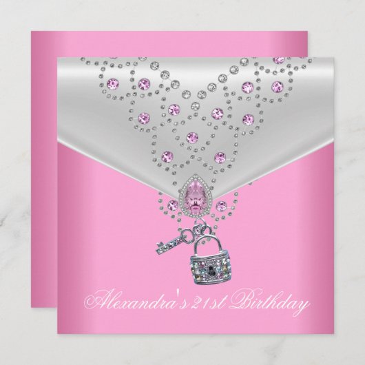 21e verjaardag Overlay Roze Jewel Key Lock 2 Kaart (Voorkant / Achterkant)