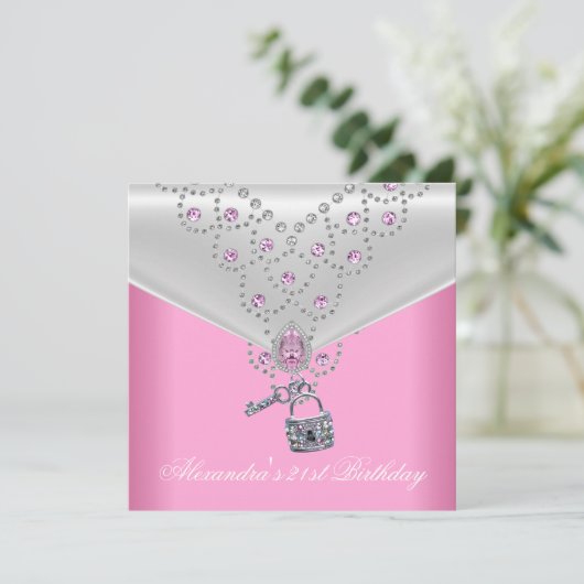 21e verjaardag Overlay Roze Jewel Key Lock 2 Kaart (Staand voorkant)