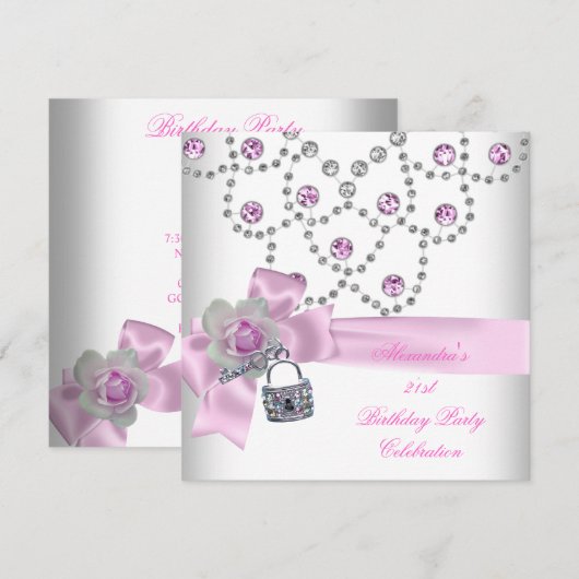 21e verjaardag Overlay Roze Jewel Key Lock Kaart (Voorkant / Achterkant)