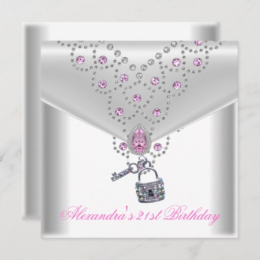 21e verjaardag Overlay Roze Jewel Key Lock Kaart (Voorkant / Achterkant)