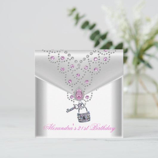 21e verjaardag Overlay Roze Jewel Key Lock Kaart (Staand voorkant)