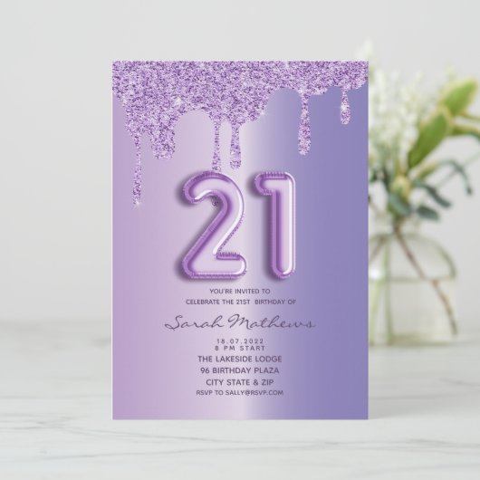 21e Verjaardag Paarse Glitter Drips Balloon Script Kaart (Staand voorkant)