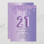 21e Verjaardag Paarse Glitter Drips Balloon Script Kaart (Voorkant / Achterkant)