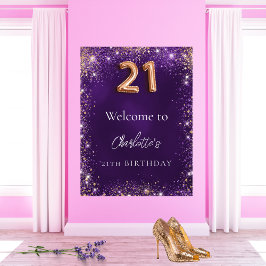 21e verjaardag paarse glitter schittert welkom poster