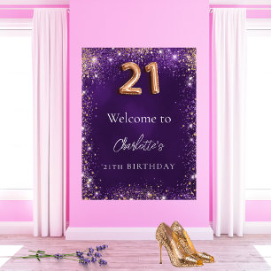 21e verjaardag paarse glitter schittert welkom poster