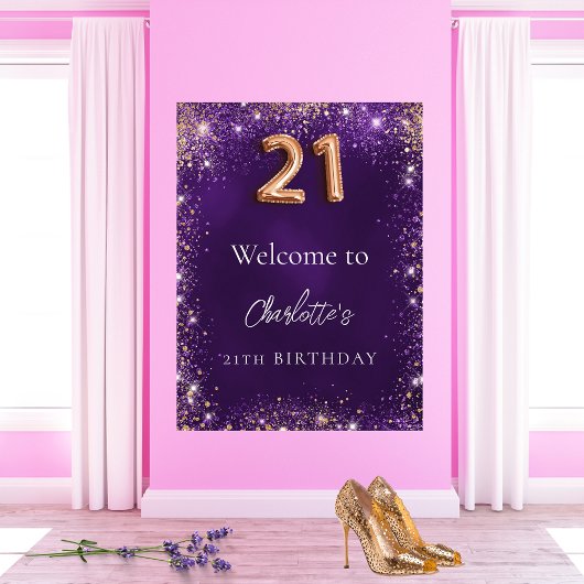 21e verjaardag paarse glitter schittert welkom poster