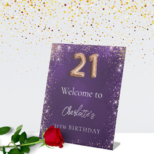 21e verjaardag paarse glitter schittert welkom reclamebord met voetstuk
