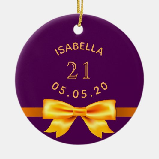 21e verjaardag paarse gouden boegnaam elegant keramisch ornament (Voorkant)