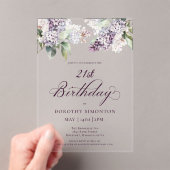 21e Verjaardag Paarse Lente Lila Bloem Acryl Uitnodigingen (Insitu (Draagbaar))