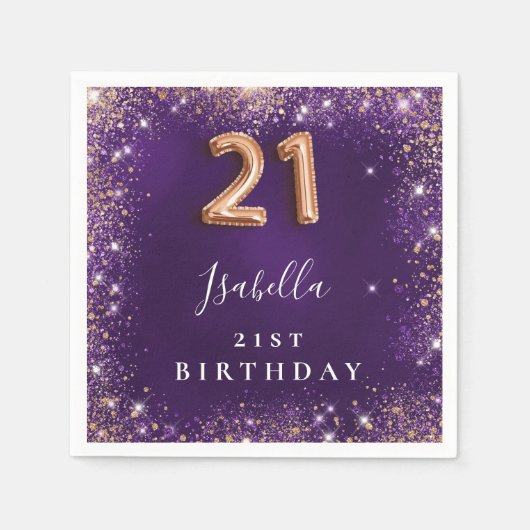 21e verjaardag paarse roos gouden naam servet (Voorkant)