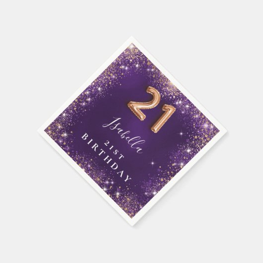 21e verjaardag paarse roos gouden naam servet (Hoek)