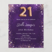 21e Verjaardag paarse roos gouden uitnodiging (Voorkant)