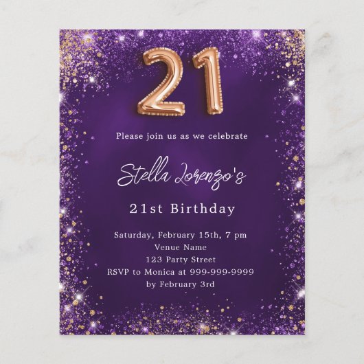 21e Verjaardag paarse roos gouden uitnodiging (Voorkant)