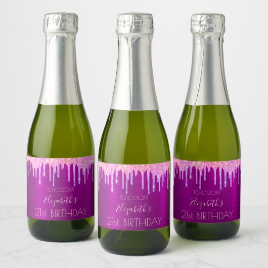 21e verjaardag paarse roze glitter druppels sparkling wijnetiket (Flessen)