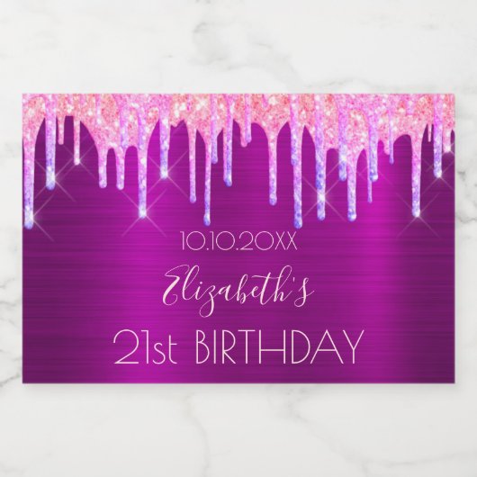 21e verjaardag paarse roze glitter druppels sparkling wijnetiket (Enkel label)