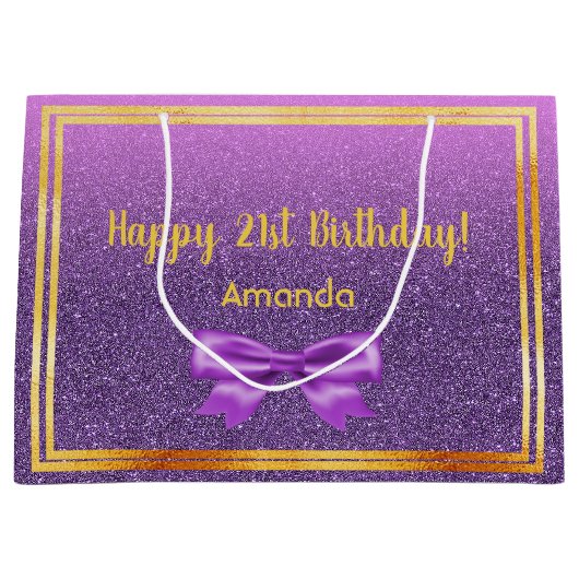 21e verjaardag paarse roze glitter naam large cadeautasje (Voorkant)