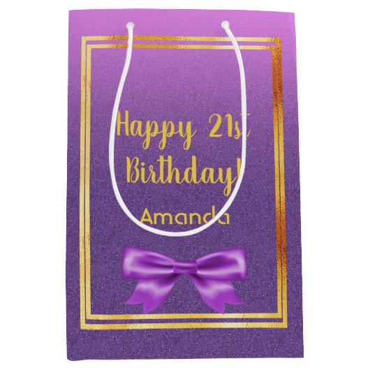 21e verjaardag paarse roze glitter naam medium cadeauzakje (Voorkant)