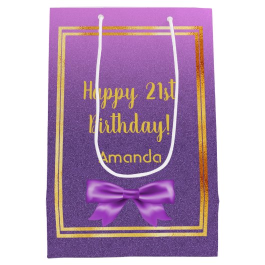 21e verjaardag paarse roze glitter naam medium cadeauzakje (Achterkant)