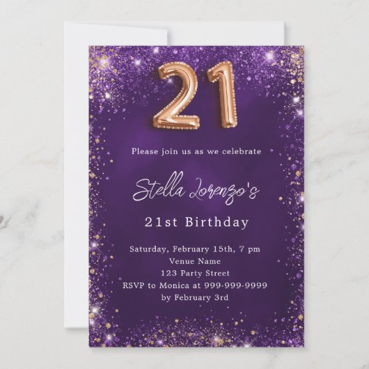 21e Verjaardag paarse rozen gouden fonkelingen Kaart (Voorkant)