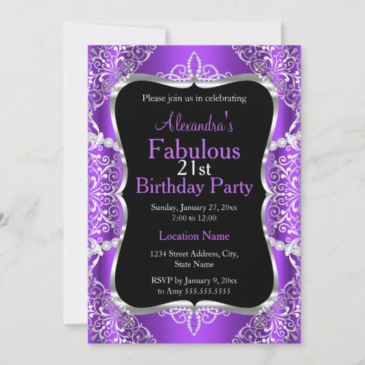 21e verjaardag Paarse Silver Black Uitnodiging (Voorkant)
