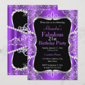 21e verjaardag Paarse Silver Black Uitnodiging (Voorkant / Achterkant)