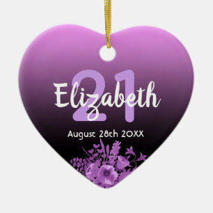 21e verjaardag paarse zwarte floranje naam keramisch ornament