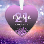 21e verjaardag paarse zwarte gradiëntnaam ornament<br><div class="desc">Glamoureus ornament voor een 21ste verjaardag met elegante en moderne zwarte en roze,  paarse gradiënt,  ondoorzichtige achtergrond. Met ultraviolette en paarse waterkleurige bloemen. Sjablonen voor naam,  21-jarige leeftijd en datum,  witte en paarse letters. Perfect als feestdecoratie,  hoed of geschenk.</div>
